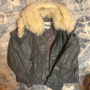 Vintage Wilson Gray Real Leather Jacket with Cream Fox Fur